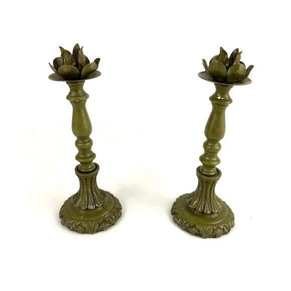 Pair Antique Green Enameled Cast Iron Candlestick Holder Ornate - Picture 5 of 12